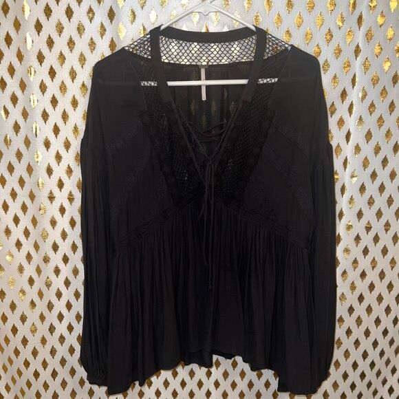 Free People 'Don't Let Go' Peasant Top black Goth fishnet vampire corset size S - Picture 5 of 8
